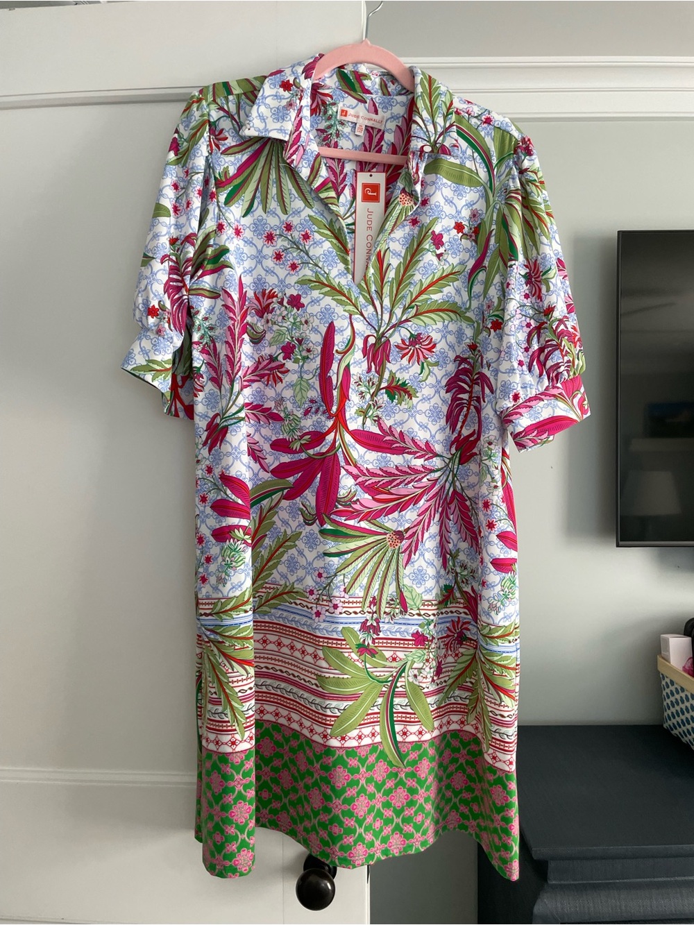 Jude Connally White Midi Dress with Pink & Green Botanical Print